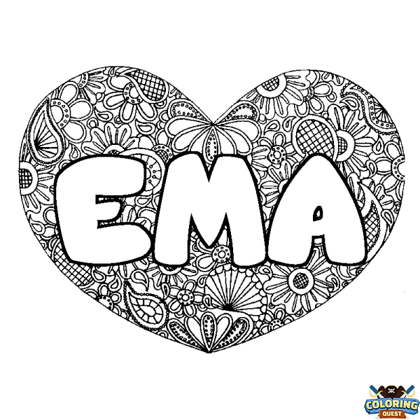 Coloring page first name EMA - Heart mandala background