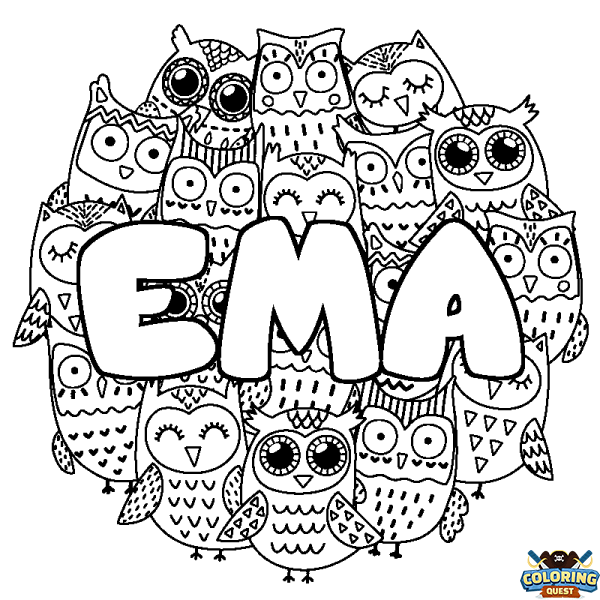 Coloring page first name EMA - Owls background