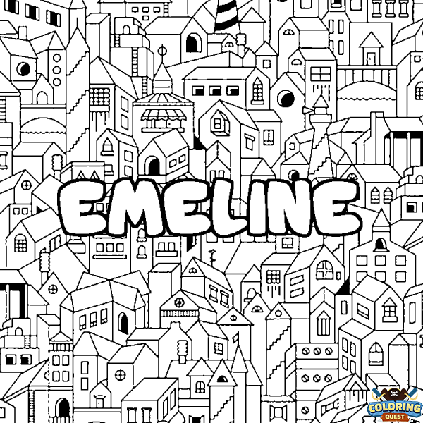 Coloring page first name EMELINE - City background