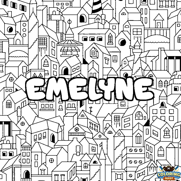 Coloring page first name EMELYNE - City background