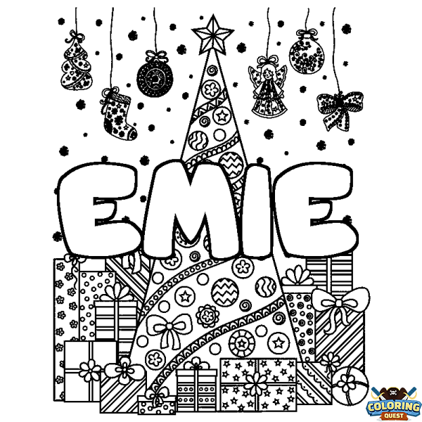 Coloring page first name EMIE - Christmas tree and presents background