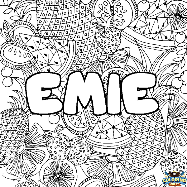 Coloring page first name EMIE - Fruits mandala background