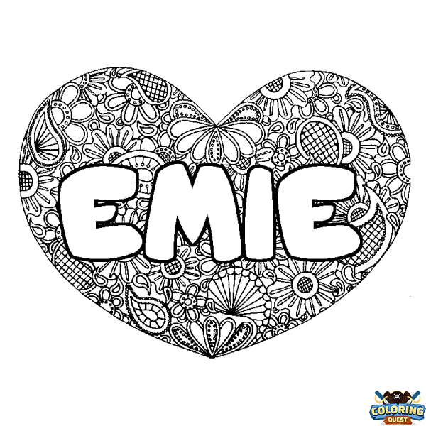 Coloring page first name EMIE - Heart mandala background