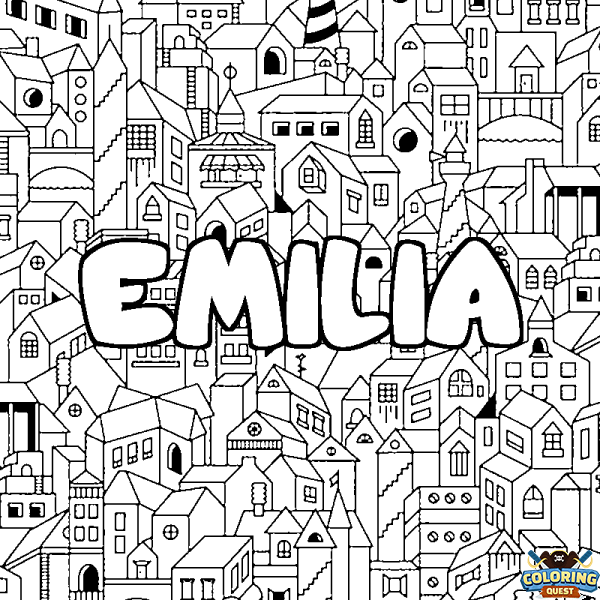 Coloring page first name EMILIA - City background