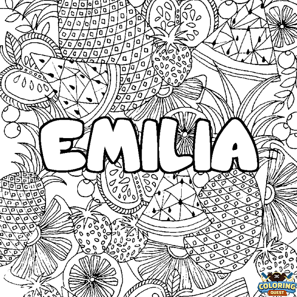 Coloring page first name EMILIA - Fruits mandala background