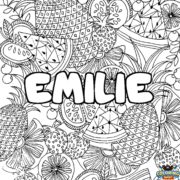 Coloring page first name EMILIE - Fruits mandala background