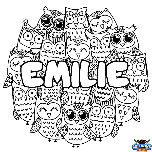 Coloring page first name EMILIE - Owls background