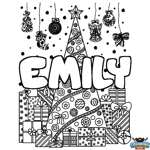 Coloring page first name EMILY - Christmas tree and presents background