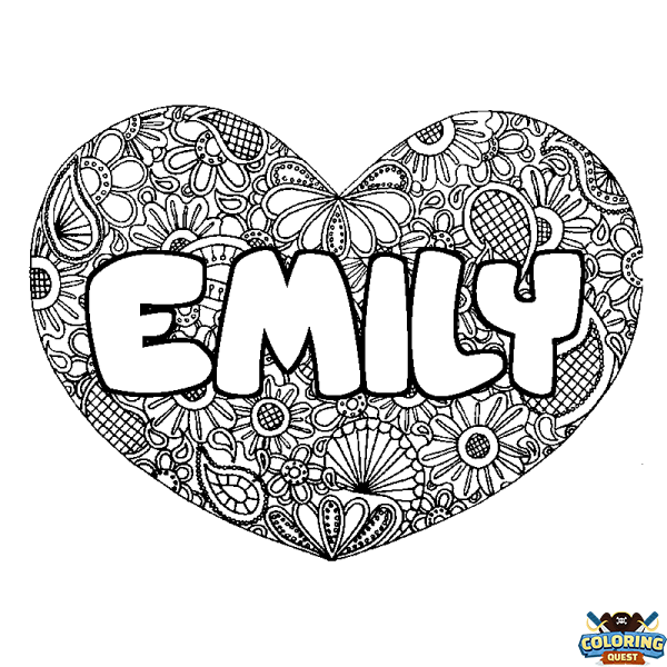 Coloring page first name EMILY - Heart mandala background