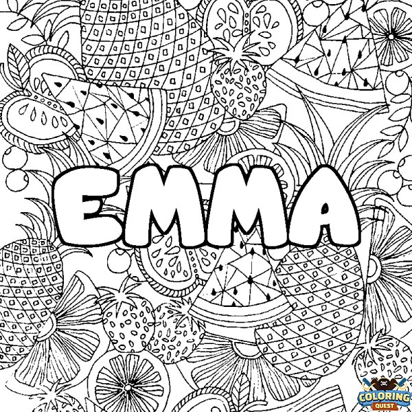 Coloring page first name EMMA - Fruits mandala background