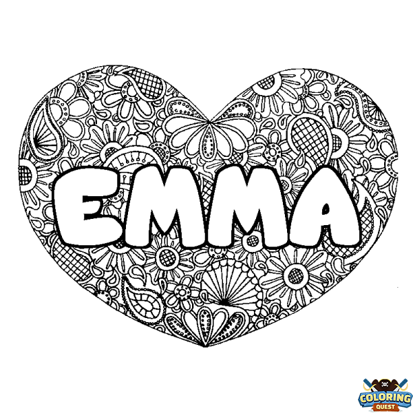 Coloring page first name EMMA - Heart mandala background