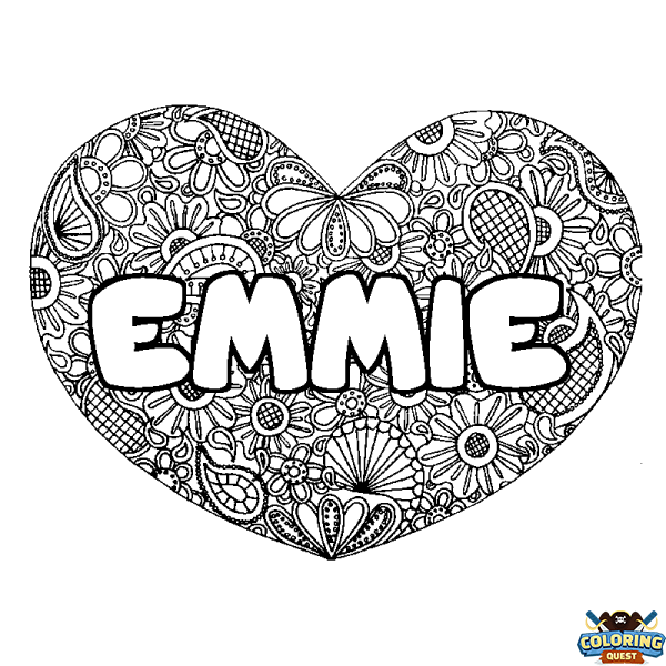 Coloring page first name EMMIE - Heart mandala background