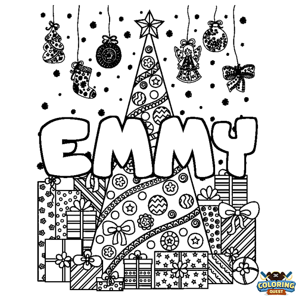 Coloring page first name EMMY - Christmas tree and presents background