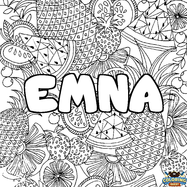 Coloring page first name EMNA - Fruits mandala background