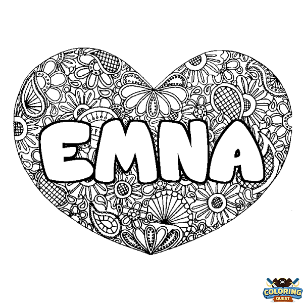 Coloring page first name EMNA - Heart mandala background