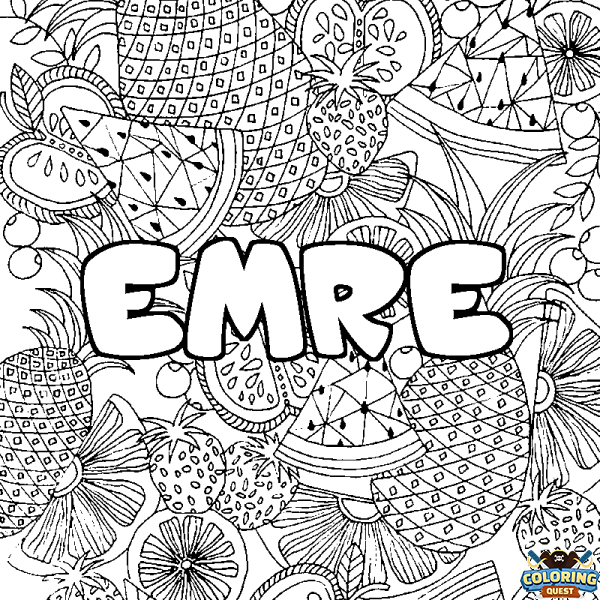 Coloring page first name EMRE - Fruits mandala background