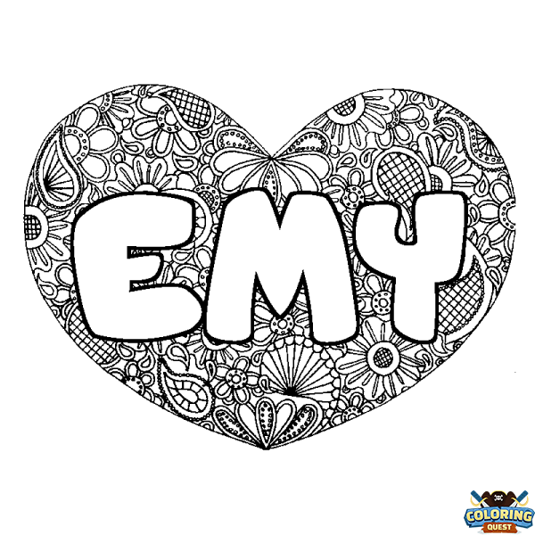 Coloring page first name EMY - Heart mandala background