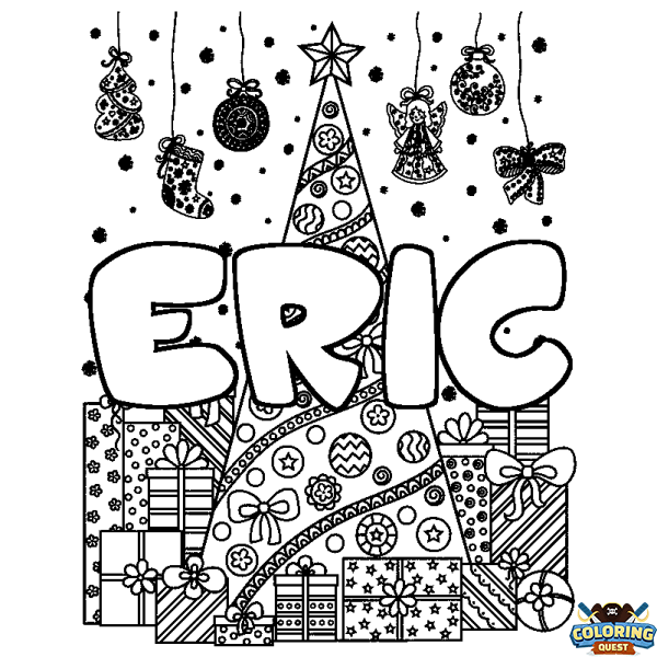 Coloring page first name ERIC - Christmas tree and presents background