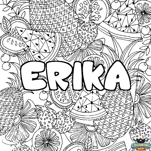 Coloring page first name ERIKA - Fruits mandala background