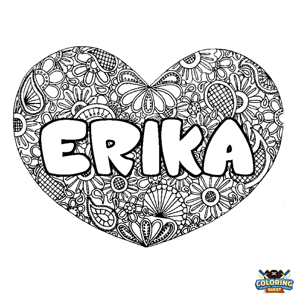 Coloring page first name ERIKA - Heart mandala background