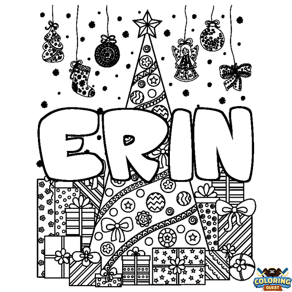 Coloring page first name ERIN - Christmas tree and presents background