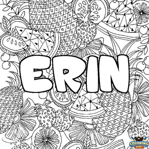 Coloring page first name ERIN - Fruits mandala background