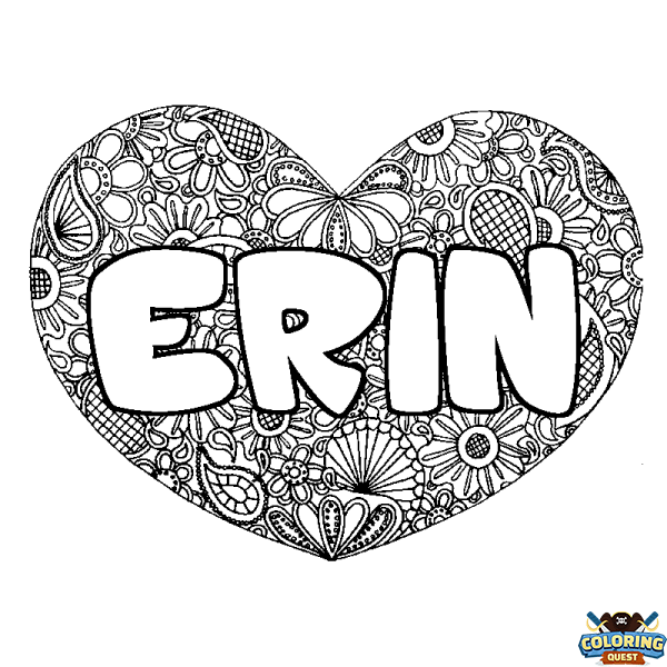 Coloring page first name ERIN - Heart mandala background