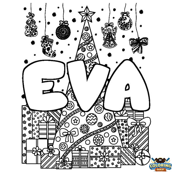 Coloring page first name EVA - Christmas tree and presents background