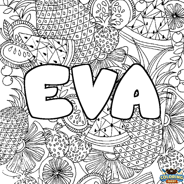 Coloring page first name EVA - Fruits mandala background