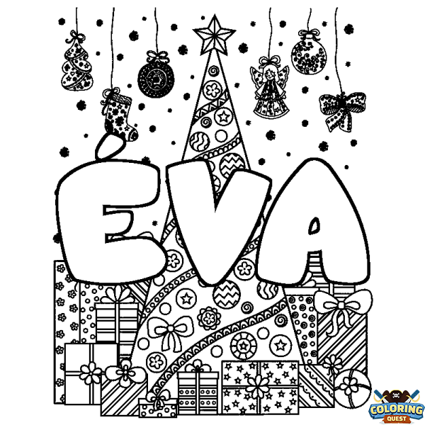 Coloring page first name &Eacute;VA - Christmas tree and presents background