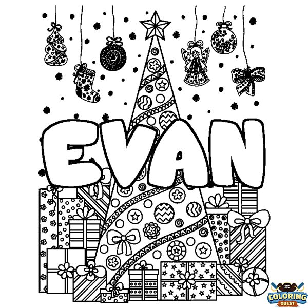 Coloring page first name EVAN - Christmas tree and presents background