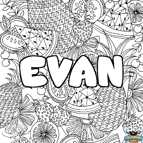 Coloring page first name EVAN - Fruits mandala background