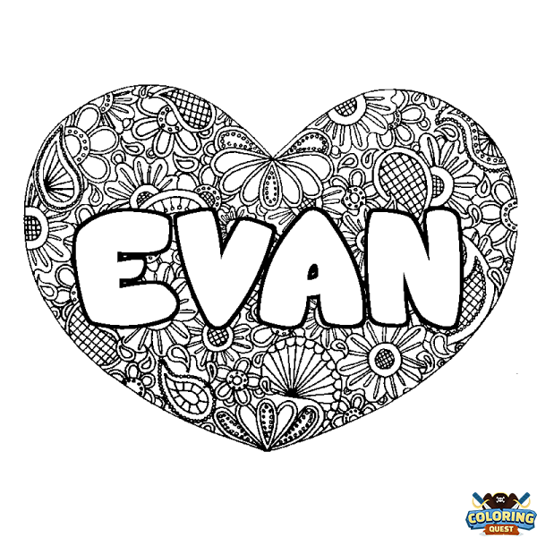 Coloring page first name EVAN - Heart mandala background