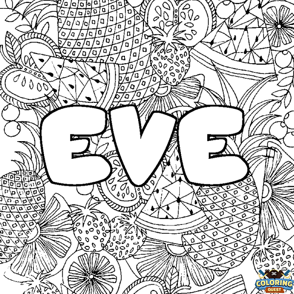 Coloring page first name EVE - Fruits mandala background