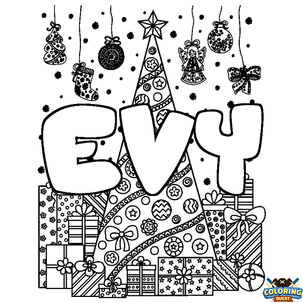 Coloring page first name EVY - Christmas tree and presents background