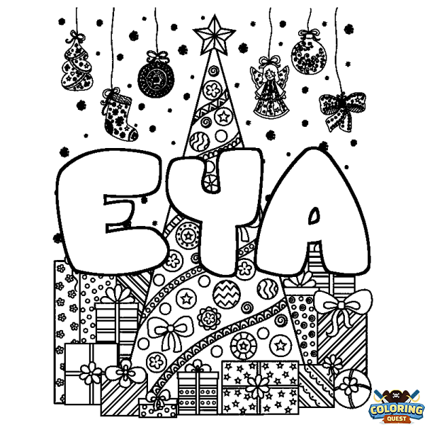 Coloring page first name EYA - Christmas tree and presents background