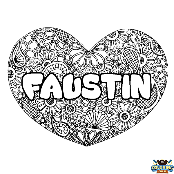 Coloring page first name FAUSTIN - Heart mandala background