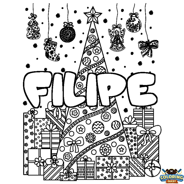 Coloring page first name FILIPE - Christmas tree and presents background