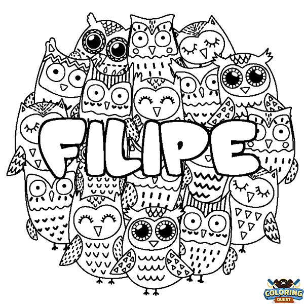 Coloring page first name FILIPE - Owls background