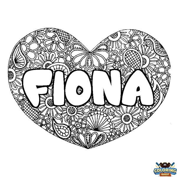 Coloring page first name FIONA - Heart mandala background