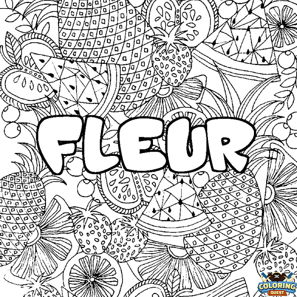 Coloring page first name FLEUR - Fruits mandala background