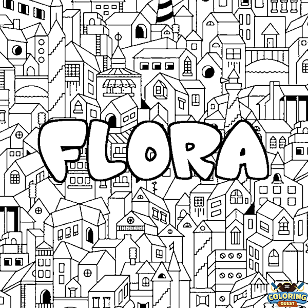 Coloring page first name FLORA - City background