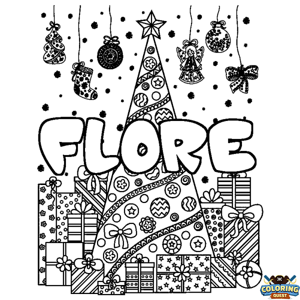 Coloring page first name FLORE - Christmas tree and presents background