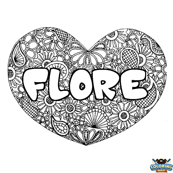 Coloring page first name FLORE - Heart mandala background