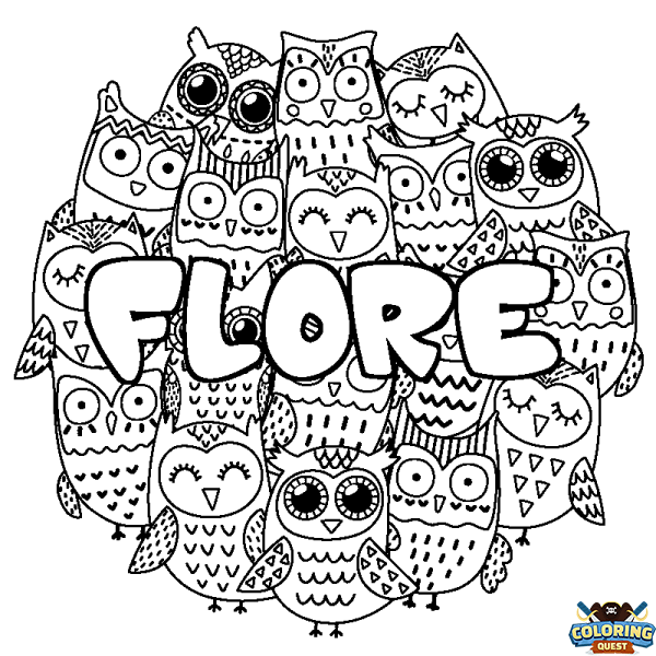 Coloring page first name FLORE - Owls background