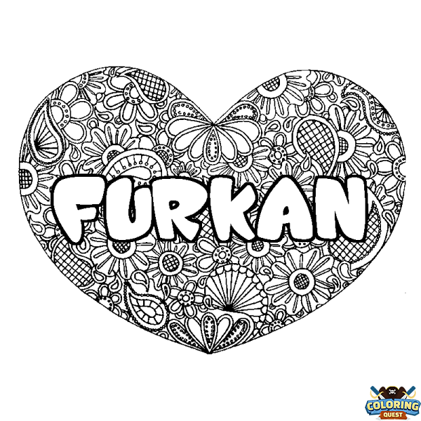 Coloring page first name FURKAN - Heart mandala background