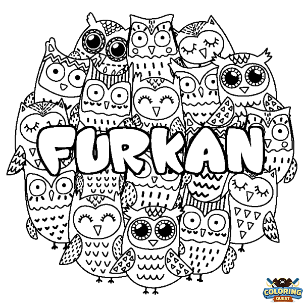 Coloring page first name FURKAN - Owls background