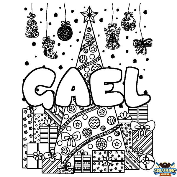 Coloring page first name GAEL - Christmas tree and presents background