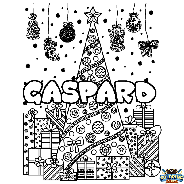 Coloring page first name GASPARD - Christmas tree and presents background