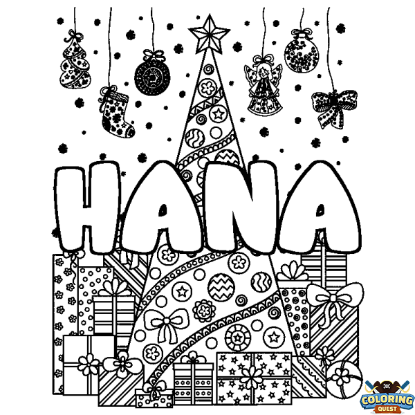 Coloring page first name HANA - Christmas tree and presents background